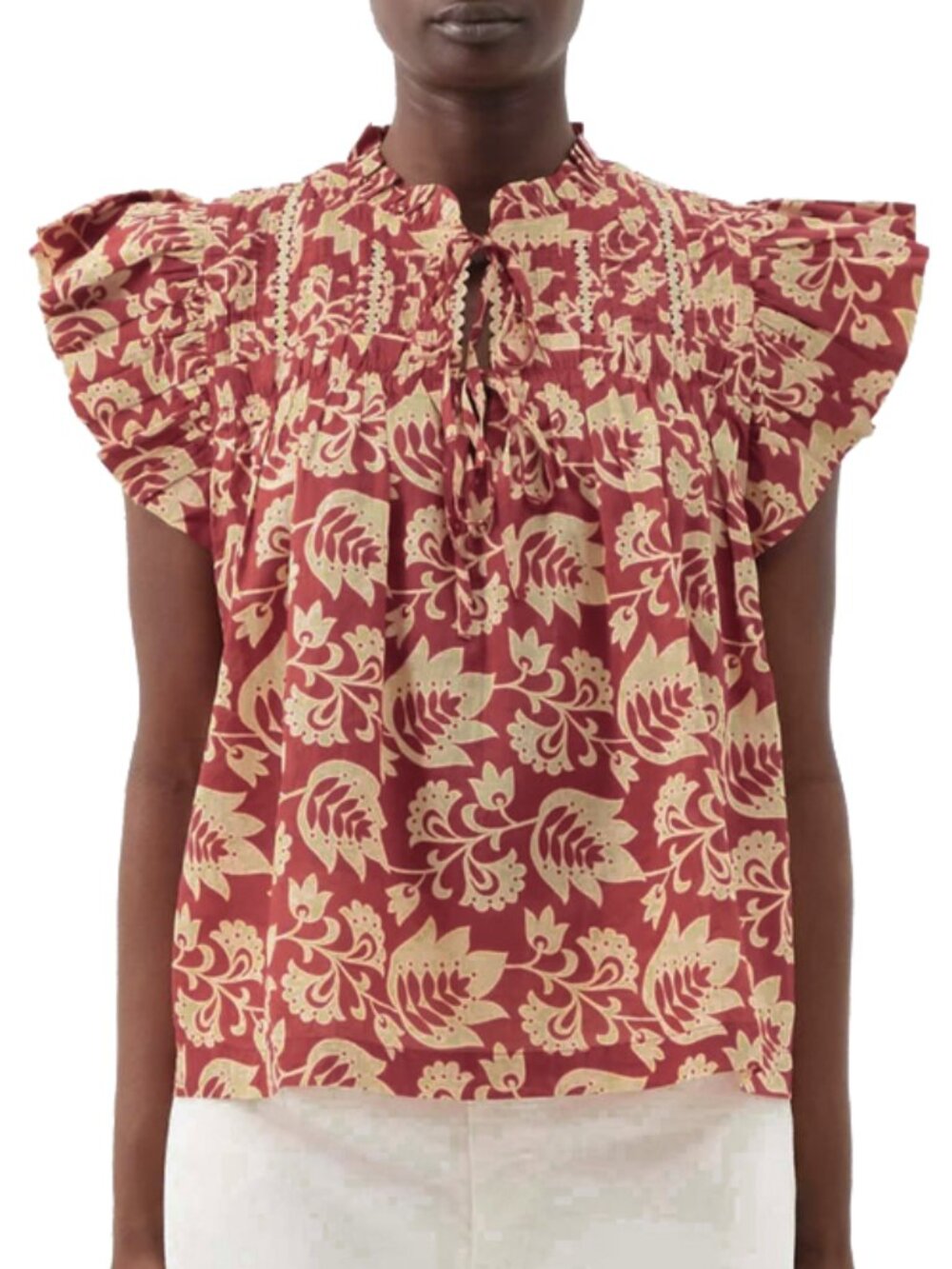 Sea New York Linda Cap Sleeve Top Red Floral Flutter Ruffle Feminine Blouse